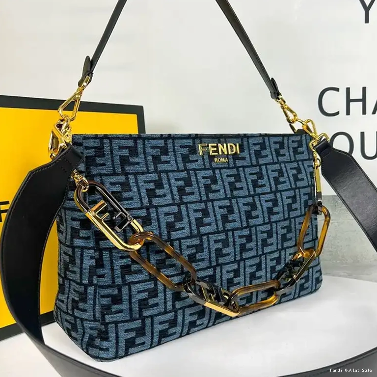 Affordable FF Tapestry Fendi Zip Shoulder Fabric Blue In O'Lock Bag 0522